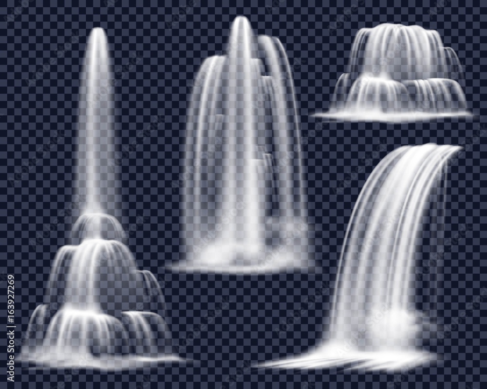 Sticker Realistic Waterfalls On Transparent Background Set