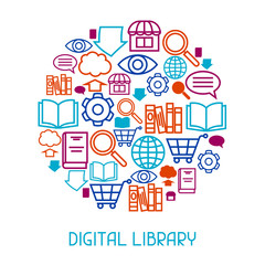 Fototapeta na wymiar Digital library concept background. E-books, reading and downloading