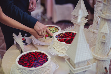 Beautiful white and colored wedding cake. A bride and a groom is cutting their wedding cake