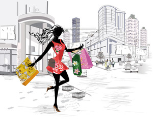 Fashion girl with long hair shopping in the big city.