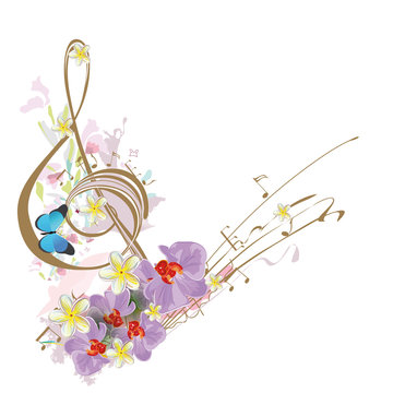 Abstract treble clef decorated with tropical leaves and flowers