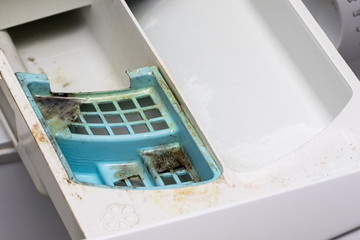 Fototapeta na wymiar Dirty mouldy washing machine detergent dispenser drawer. Mould in washing machine.