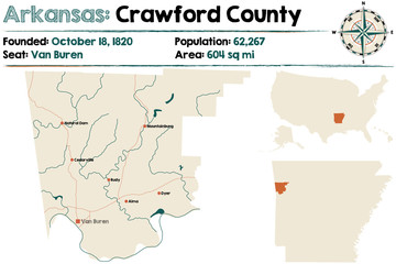 Obraz premium Large and detailed map of Crawford County in Arkansas