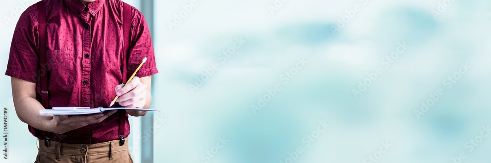 Poster man holding files and folders with blurred background