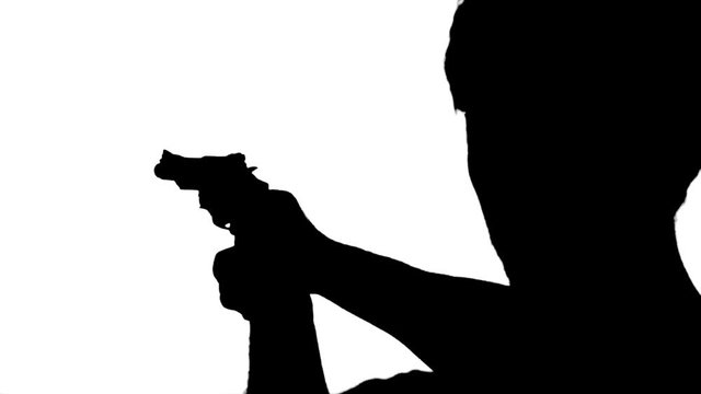 Man Aiming With A Pistol Silhouette. Silhouette of a man aiming with a gun over white background