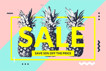 Obraz premium Fashionable modern poster with pineapple, Summer sale. Original Memphis style banner for discount.