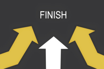 Words of finish with yellow and white arrow on grey background, business success concept and competition idea