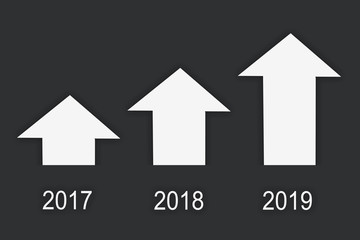 2017 to 2019 and three white arrow on grey background, business success concept and growth idea