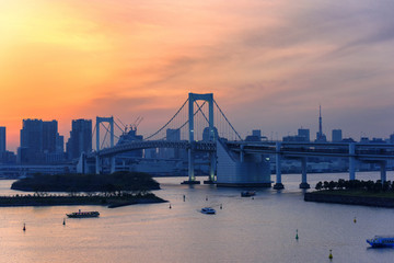 Obraz premium Bird eye view of Rainbow Bridge from Odaiba . Odaiba is a popular shopping and entertainment district on a man made island in Tokyo Bay Japan .
