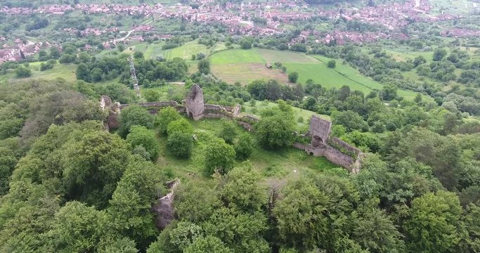 Saschiz fortress from above aerial view footage