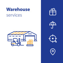 Distribution services, warehouse and transportation, icon set