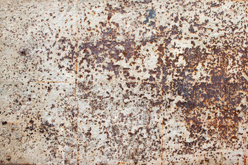 Detailed photo texture of rust old white painted metal wall. Old metal steel iron rust texture on background. Grunge rusty metal surface texture.