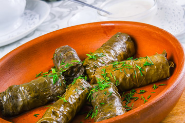 Traditional Armenian dolma (tolma) - stuffed with meat in grape leaves