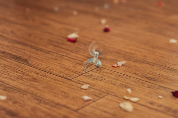 Broken wine glasses at the wedding