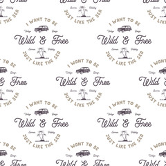 Vector monochrome seamless pattern with old style surf car, palms, sea and typography elements. Wilderness wallpaper design. White isolated background. For web design, t shirts, wrapping paper