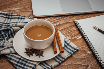 Hot coffee on the desk,What to eat before work.,Makes you feel refreshed.,Cinnamon stew served with coffee