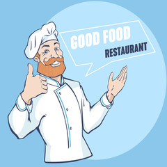 Chef bearded happy man holding his thumb up. Cook shows his hand up and invites to the restaurant. Vector cartoon illustration.