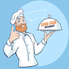 The Chef in a Cook hat with a beard and mustache holds his thumb up and shows the cooked dish. Vector cartoon illustration.