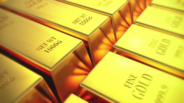 4k Gold bullion gold bars treasury wealth Ingot luxury finance goods trading,3D animation of stacked gold bars.