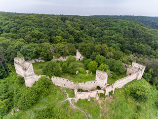 Saschiz Saxon fortress in Transylvania, Romania. Aerial view from a drone.
