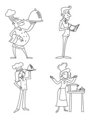 Lineart Male and Female Chief Cook Waiter Garcon Serving Dish and Accepts Order Symbol Food Icons Isolated Retro Vintage Cartoon Design Vector Illustration