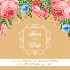 Naklejka premium Wedding invitation template with flowers. Vector Illustration in retro style