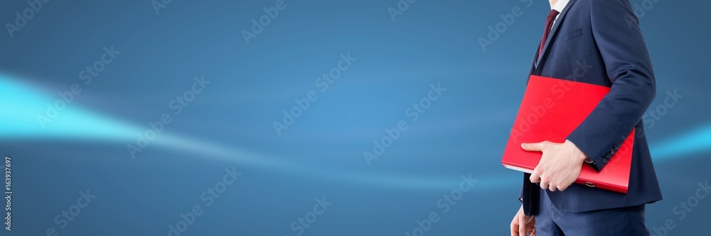 Poster man holding files and folders with blurred background