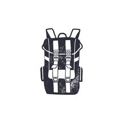 Vintage hand drawn backpack shape in monochrome. Adventure icon, pictogram. Camping hipster style. Stock vector isolated on white background