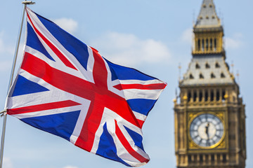 Obraz na płótnie Canvas UK Flag and the Houses of Parliament