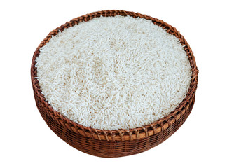 Sticky rice grains in bamboo basket isolated on white background