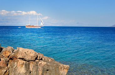 Sailboat cruising in the beautiful seascape of the Mediterranean sea