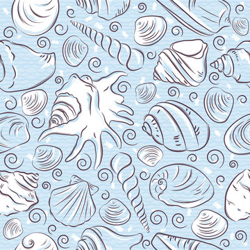 Seamless Patterns with  summer symbols, shellfish and clams  on a blue background, vector illustration.