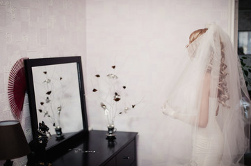 The bride is wearing a veil. Beautiful long veil of white color