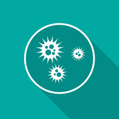 Virus icon with long shadow. Flat design style. Petri dish simple silhouette. Modern, minimalist icon in stylish colors. Web site page and mobile app design vector element.