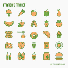 Fototapeta na wymiar Farmer's market thin line icons set: fruits, coffee, tea, honey, food, olive oil. Vector illustration.