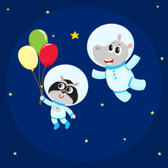 Cute little animal astronaut, spaceman characters, hippo and raccoon wearing spacesuits, flying in open space, cartoon vector illustration. Hippo and raccoon astronaut, spaceman characters in space