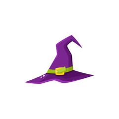Purple witch, wizrd pointed hat, Halloween decoration element, cartoon vector illustration isolated on white background. Cartoon witch hat, Halloween object, decoration element