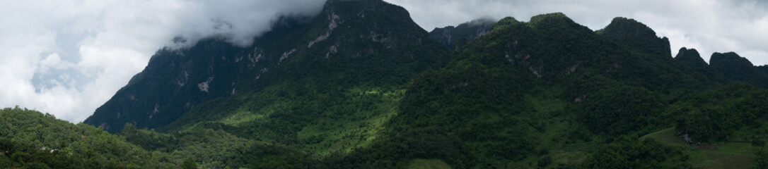 Obraz na płótnie Canvas Mist and rain on the mountain. (panorama view)