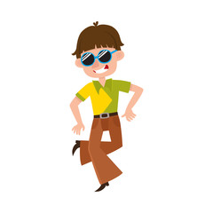 Young man in retro sunglasses and bell-bottomed trousers dancing dicso, cartoon vector illustration isolated on white background. Young man, guy in bell-bottomed pants dancing at retro disco party