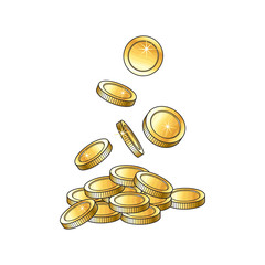 Vector golden falling coins illustration. Cartoon golden rain isolated on a white background. Dropping shiny money. Profit, wealth ,success concept. Sign of banking, finance business. Winning symbol