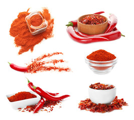 Collage of chili peppers and powder on white background