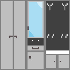 A set of gray modular furniture for the hallway in pixel style. Each module can be used for illustration separately