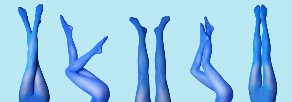 Collage of sexy female legs in color tights on blue background