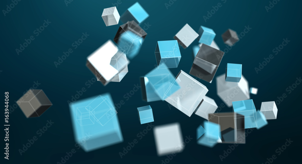 Poster floating blue shiny cube network 3d rendering
