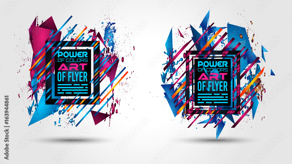 Poster futuristic frame art design with abstract shapes and drops of colors