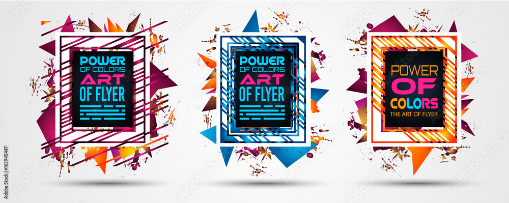 Poster futuristic frame art design with abstract shapes and drops of colors