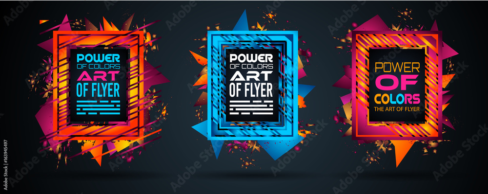 Poster futuristic frame art design with abstract shapes and drops of colors