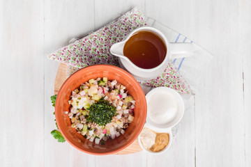 Traditional russian cold soup with kvass okroshka