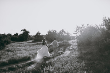 Wedding couple on a walk bride and groom sea field sunset architecture grass sand