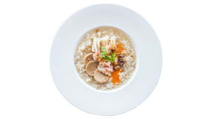 Boiled rice with pork and shrimp or (mush) with egg n the cup Isolated White background.
